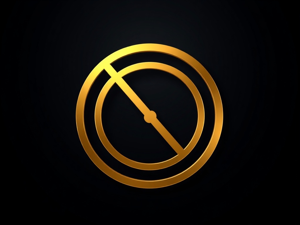 A stylized geometric mark combining a circle and a line, forming a clock-like symbol. The mark is rendered in shiny gold against a dark gradient background. The design is simple but high-end. Photorealistic, 8k, commercial photography style.